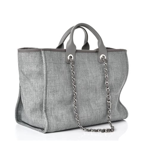 CHANEL Woven Straw Raffia Large Deauville Tote Grey